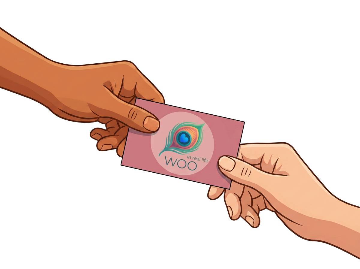 Two hands exchanging a WOO card